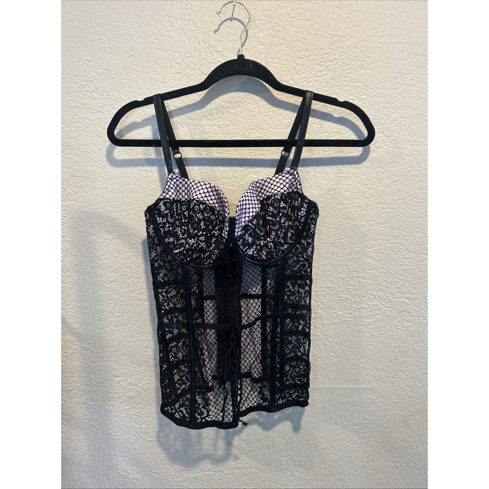 Victoria's Secret Black and Pink Fishnet Lace Longline Bustier Bra 36C
